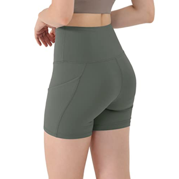 ODODOS Women's 4" High Waist Biker Shorts with Pockets, Tummy Control Non See Through Workout Sports Athletic Running Yoga Shorts, Charcoal Gray, Small