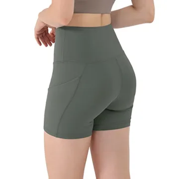 ODODOS Women's 4" High Waist Biker Shorts with Pockets, Tummy Control Non See Through Workout Sports Athletic Running Yoga Shorts, Charcoal Gray, Small