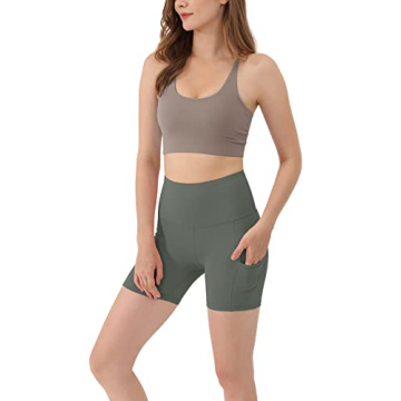 ODODOS Women's 4" High Waist Biker Shorts with Pockets, Tummy Control Non See Through Workout Sports Athletic Running Yoga Shorts, Charcoal Gray, Small
