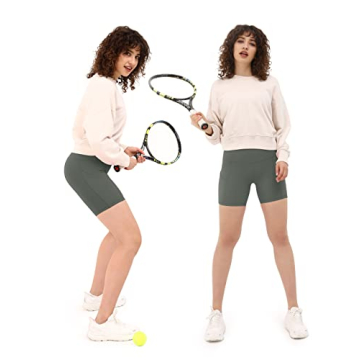 ODODOS Women's 4" High Waist Biker Shorts with Pockets, Tummy Control Non See Through Workout Sports Athletic Running Yoga Shorts, Charcoal Gray, Small