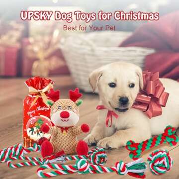 UPSKY 7 Pack Christmas Dog Toys, Dog Rope Toys with Squeaky Plush Toys Set, Interactive Durable Dog Puppy Toys, Training Playing Teething Chew Toys for Small Medium Large Dogs