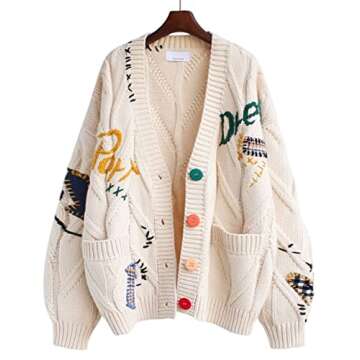 CHARTOU Women Chunky Cable Knit Cardigan Embroidery Button Down Sweater Jacket Knitwear (Large,Beige)