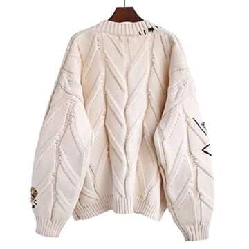CHARTOU Women Chunky Cable Knit Cardigan Embroidery Button Down Sweater Jacket Knitwear (Large,Beige)