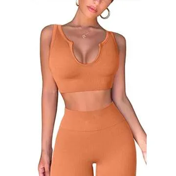 QINSEN Seamless Leggings for Women Ribbed Stretchy Slimming Sport Bra Yoga Leggings Light Orange M