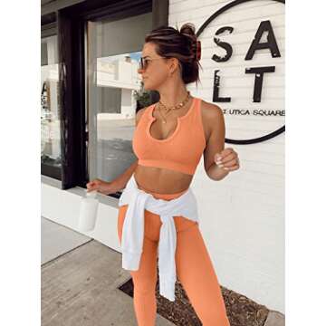 QINSEN Seamless Leggings for Women Ribbed Stretchy Slimming Sport Bra Yoga Leggings Light Orange M