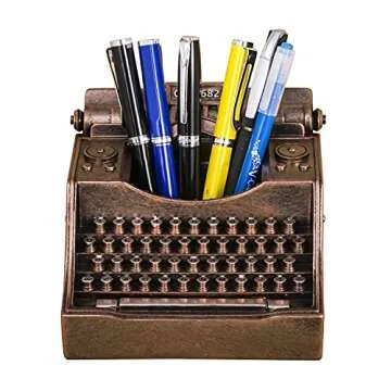 Amoysanli Retro Typewriter Pen Holder Vintage Desk Accssories Unique Cool Gifts for Writer Typewriter Lovers and Secretary Cute Funny Pencil Cups for Office Home School (Bronze)