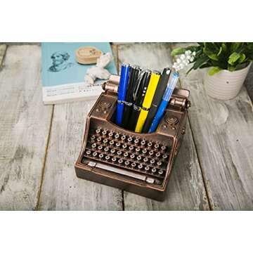 Amoysanli Retro Typewriter Pen Holder Vintage Desk Accssories Unique Cool Gifts for Writer Typewriter Lovers and Secretary Cute Funny Pencil Cups for Office Home School (Bronze)