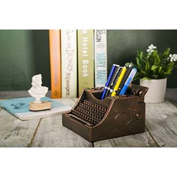 Amoysanli Retro Typewriter Pen Holder Vintage Desk Accssories Unique Cool Gifts for Writer Typewriter Lovers and Secretary Cute Funny Pencil Cups for Office Home School (Bronze)