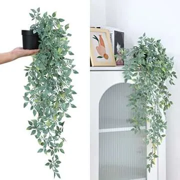 CEWOR Fake Hanging Plants, 3 Pack Artificial Hanging Plants Fake Potted Greenery Plants Artificial Eucalyptus Vine, Mandala Vine in Pot for Home Room Indoor Outdoor Shelf Decor
