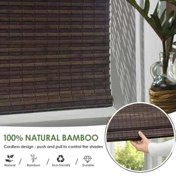 LazBlinds Cordless Bamboo Roman Shades, Privacy Blinds for Interior Windows, Room Darkening Roll Up Bamboo Blinds for Home & Patio, 29.5" W x 64" H, BDP-Espresso