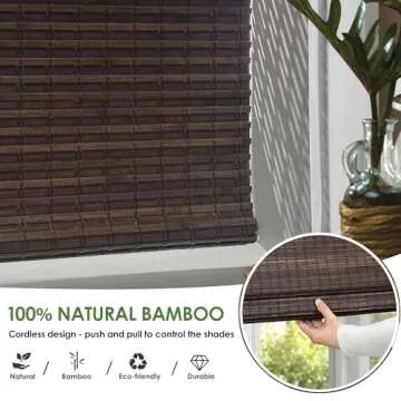 LazBlinds Cordless Bamboo Roman Shades, Privacy Blinds for Interior Windows, Room Darkening Roll Up Bamboo Blinds for Home & Patio, 29.5" W x 64" H, BDP-Espresso