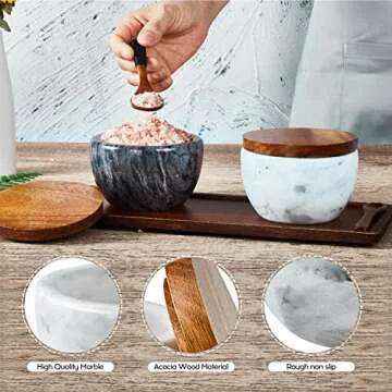 MarcZero Large Salt Box Spice Seasonings Keeper Pepper Container,Marble Base with Wooden Cover,Salt Cellar Big Capacity Elegant Design (White)