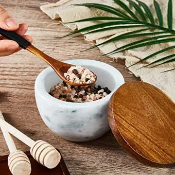 MarcZero Large Salt Box Spice Seasonings Keeper Pepper Container,Marble Base with Wooden Cover,Salt Cellar Big Capacity Elegant Design (White)