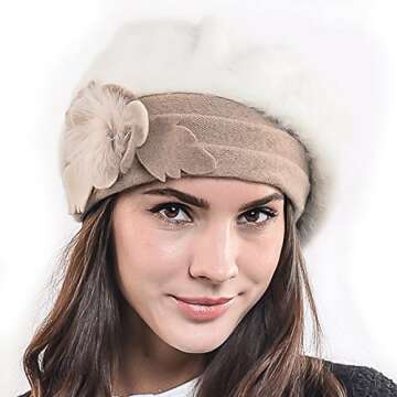 F&N STORY Lady French Beret Wool, Br022-cream Angora, Size Medium / 56-58cm