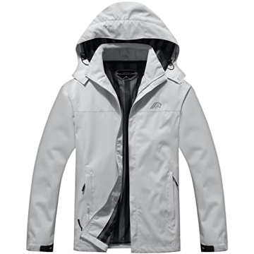 OTU Men's Lightweight Waterproof Hooded Rain Jacket for Outdoor Hiking Travel Light Grey XXL