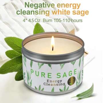 Sage Candles for House Energy Cleansing, 4 Pack House Warming Gifts New Home Pure White Sage Candle Set for Chakra Healing and Meditation-18oz 110 Hour Long Lasting Natural Soy Wax Aromatherapy Candle