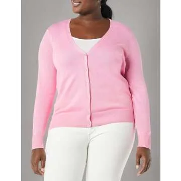 Amazon Essentials Women's Lightweight V-Neck Cardigan Sweater (Available in Plus Size), Pink, Large