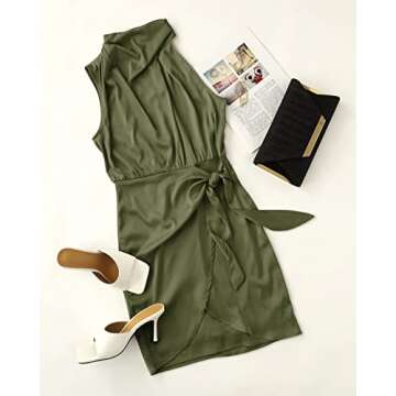 ZESICA Women's 2025 Fashion Satin Sleeveless Halter Neck Tie Waist Wrap Bodycon Cocktail Party Mini Dress