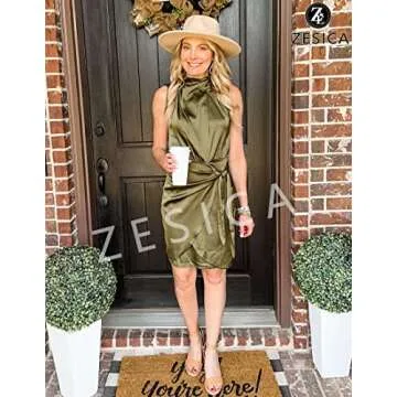 ZESICA Women's 2025 Fashion Satin Sleeveless Halter Neck Tie Waist Wrap Bodycon Cocktail Party Mini Dress