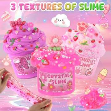 6 Packs Gradient Pink Slime Kit - Cloud Slime, Butter Slime & Clear Slime, Crunchy Slime for Kids with Various Slime Add-ins, Non Sticky Slime Party Favors for Girls and Boys, 360ml Kids Slime(Picnic)