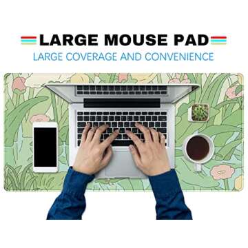 Kawaii Green Desk Mat Cute Mouse Pad Japanese, Flowers and Plants Keyboard Mat, Anime Aesthetics Large Mousepad XXL Gaming Desk Pad XL Office Home Decor for Women Girls Keyboard Pad 31.5"x15.75"