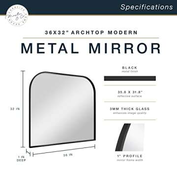 MCS Master & Co. Modern Metal Large Wall Mirror, Minimalist Home Decor Mantle Arch Mirror for Living Room, Bedroom, or Bathroom, 36 by 32 Inch, Black