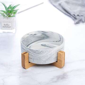 Marble Black Ceramic Cat Dog Bowl Dish with Wood Stand No Spill Pet Food Water Feeder Cats Small Dogs