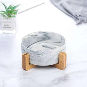 Marble Black Ceramic Cat Dog Bowl Dish with Wood Stand No Spill Pet Food Water Feeder Cats Small Dogs