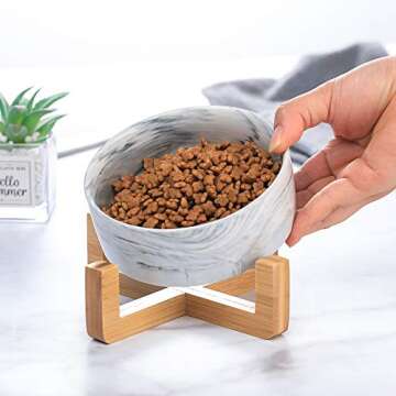 Marble Black Ceramic Cat Dog Bowl Dish with Wood Stand No Spill Pet Food Water Feeder Cats Small Dogs
