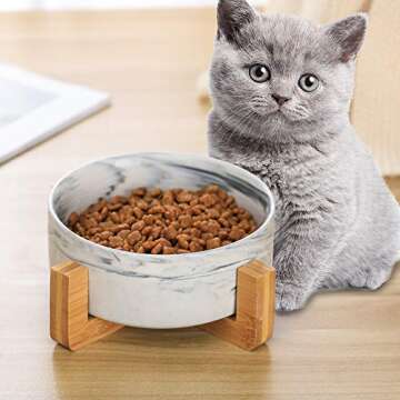Marble Black Ceramic Cat Dog Bowl Dish with Wood Stand No Spill Pet Food Water Feeder Cats Small Dogs