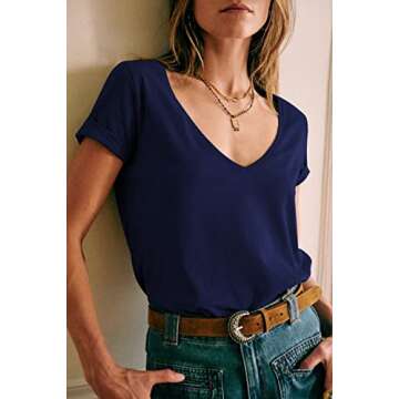 Beyove Women's Deep V T-Shirt Summer Short Sleeve Loose Casual Top Navy Blue