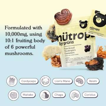 Nutrops Functional Nootropics Mushroom Gummies for adult, Herbal Brain Supplement Gummy, Energy, Brain Health, Cognitive Support, Focus - Lions Mane, Reishi, Chaga, Cordyceps, Coriolus Blend, 28 serve