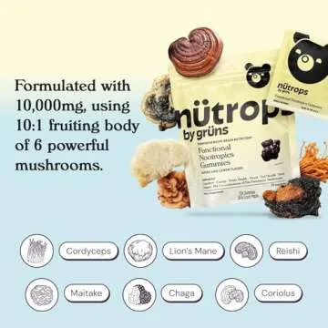 Nutrops Functional Nootropics Mushroom Gummies for adult, Herbal Brain Supplement Gummy, Energy, Brain Health, Cognitive Support, Focus - Lions Mane, Reishi, Chaga, Cordyceps, Coriolus Blend, 28 serve