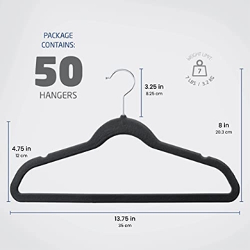Zober Velvet Kids Hangers for Closet - Pack of 50 Non Slip Childrens Hangers for Shirts, Pants & Dresses w/Swivel Hook - Durable Clothes Hanger w/Notches - Small Hangers - Black