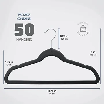Zober Velvet Kids Hangers for Closet - Pack of 50 Non Slip Childrens Hangers for Shirts, Pants & Dresses w/Swivel Hook - Durable Clothes Hanger w/Notches - Small Hangers - Black