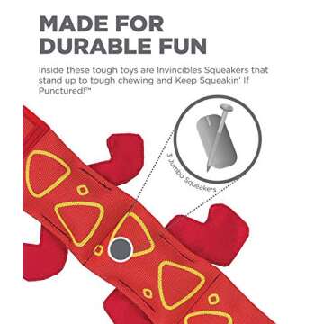 Outward Hound Fire Biterz Red Lizard Plush Firehose Material Interactive Dog Toy, Large