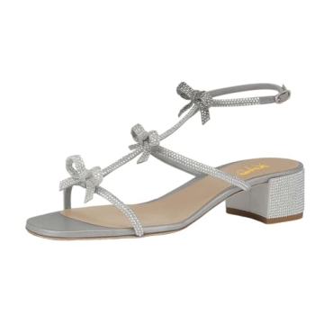 XYD Women Gladiator Rhinestone Crystals Block Chunky Heels Open Toe Sandals Crossover Strap Bow Knot...