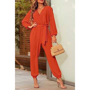 PRETTYGARDEN Women's Spring Fall Jumpsuits Casual Dressy One Piece Outfits V Neck Long Sleeve Belt Pockets Long Pants Romper (Orange,Large)