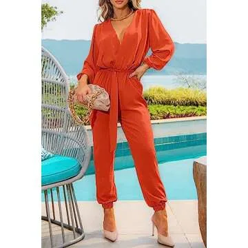 PRETTYGARDEN Women's Spring Fall Jumpsuits Casual Dressy One Piece Outfits V Neck Long Sleeve Belt Pockets Long Pants Romper (Orange,Large)