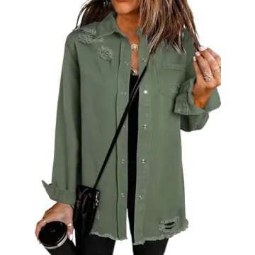 Dokotoo Women's Oversize Vintage Denim Jacket - Classic Style with Fray Hem