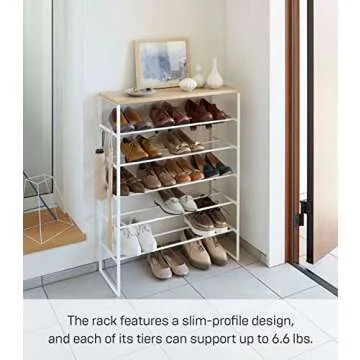 Yamazaki Home 6 Tier Wood Top Shoe Rack Steel One Size White