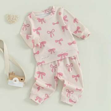 Blotona Baby Girl Clothes Cute Bow Print Long Sleeve Sweatshirt Pants Set Waffle Knit Toddler Spring Fall Outfit (Beige, 12-18 Months)