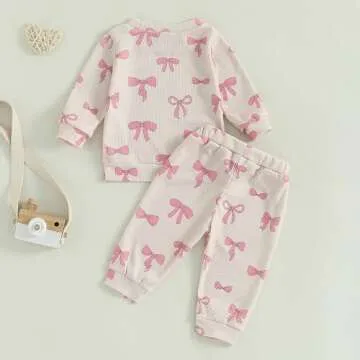 Blotona Baby Girl Clothes Cute Bow Print Long Sleeve Sweatshirt Pants Set Waffle Knit Toddler Spring Fall Outfit (Beige, 12-18 Months)