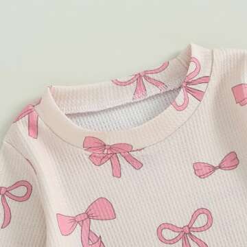 Blotona Baby Girl Clothes Cute Bow Print Long Sleeve Sweatshirt Pants Set Waffle Knit Toddler Spring Fall Outfit (Beige, 12-18 Months)