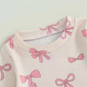Blotona Baby Girl Clothes Cute Bow Print Long Sleeve Sweatshirt Pants Set Waffle Knit Toddler Spring Fall Outfit (Beige, 12-18 Months)