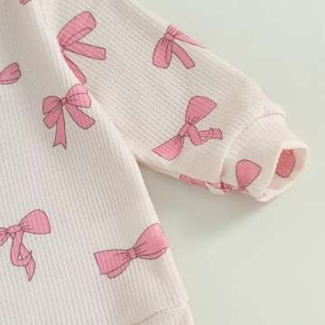 Blotona Baby Girl Clothes Cute Bow Print Long Sleeve Sweatshirt Pants Set Waffle Knit Toddler Spring Fall Outfit (Beige, 12-18 Months)