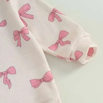 Blotona Baby Girl Clothes Cute Bow Print Long Sleeve Sweatshirt Pants Set Waffle Knit Toddler Spring Fall Outfit (Beige, 12-18 Months)