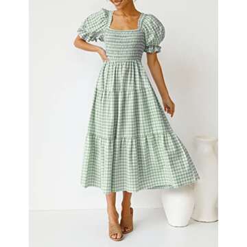ZESICA Women's Bohemian Summer Plaid Square Neck Puff Sleeve Ruffle Flowy Beach Midi Dress,Green,Medium