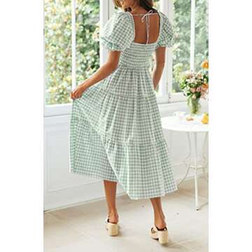 ZESICA Women's Bohemian Summer Plaid Square Neck Puff Sleeve Ruffle Flowy Beach Midi Dress,Green,Medium