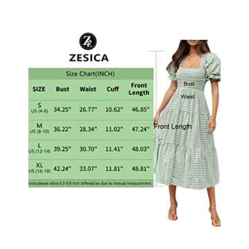 ZESICA Women's Bohemian Summer Plaid Square Neck Puff Sleeve Ruffle Flowy Beach Midi Dress,Green,Medium